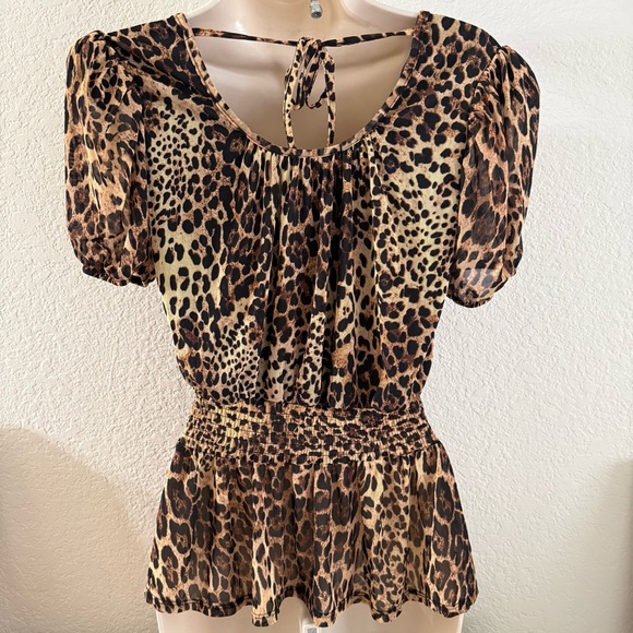 A Love story women’s Leopard Print Puff Sleeve Peplum Top - Brown Small - Picture 3 of 6